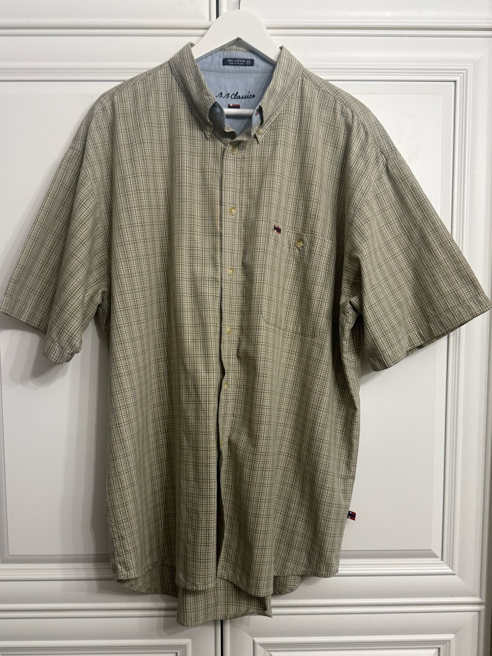 BB Classics Men Plaid Short-Sleeve Button-Down Shirt in Olive/Light Tan Size XL